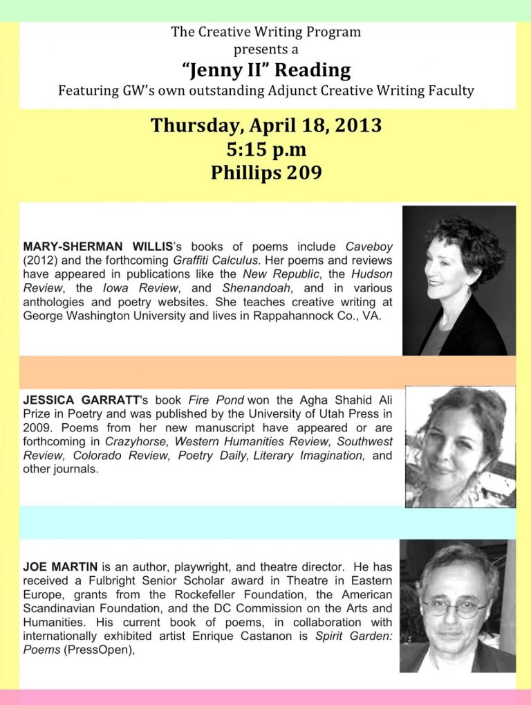 Jenny II Reading Thursday April 18: Creative Writing Faculty