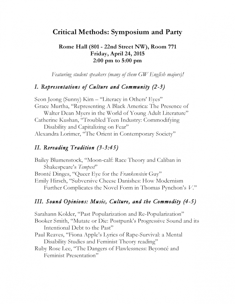 Critical Methods Symposium and Party TODAY! Rome 771, 2-5pm